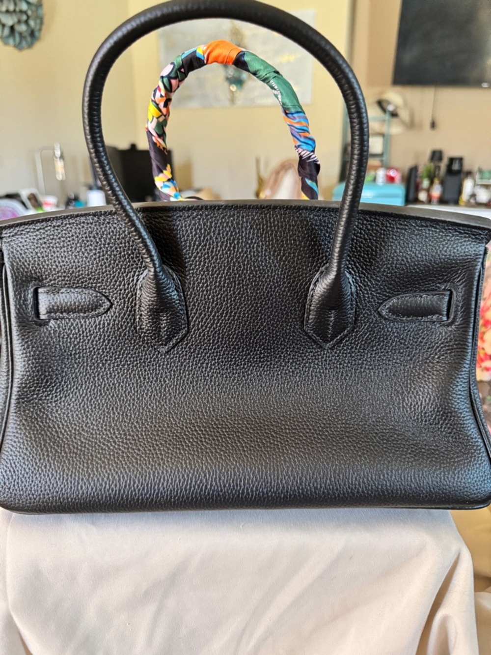 Black Leather Top-Handle Bag with Gold Hardware - Picture 3 of 5